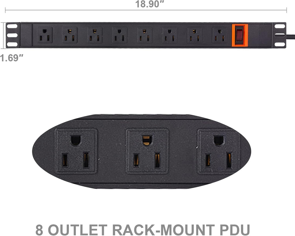 Black 1U Rack Mount PDU, 8 Outlets, 15A/125V, 6ft Cord, Pack of 2 Q6680