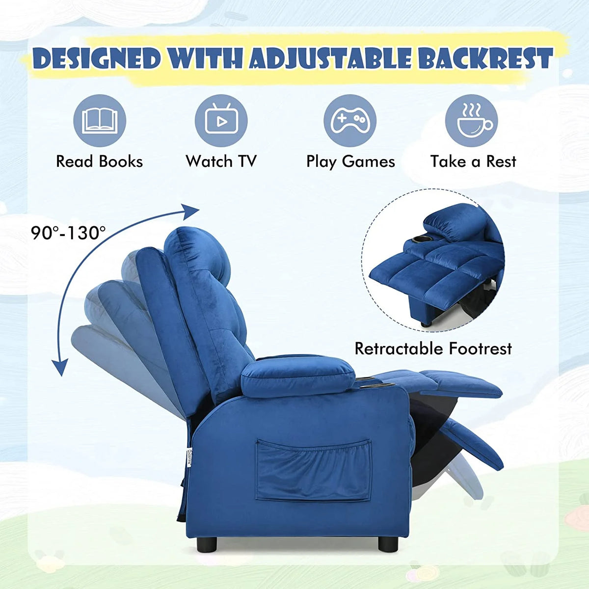Blue Toddler Recliner Chair with Cup Holder F795193