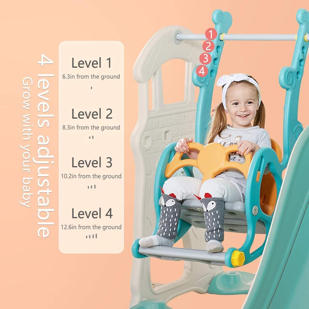 3 in 1 Toddler Slides and Swing Set with Basketball Hoop Kids Climber Playset Blue W321
