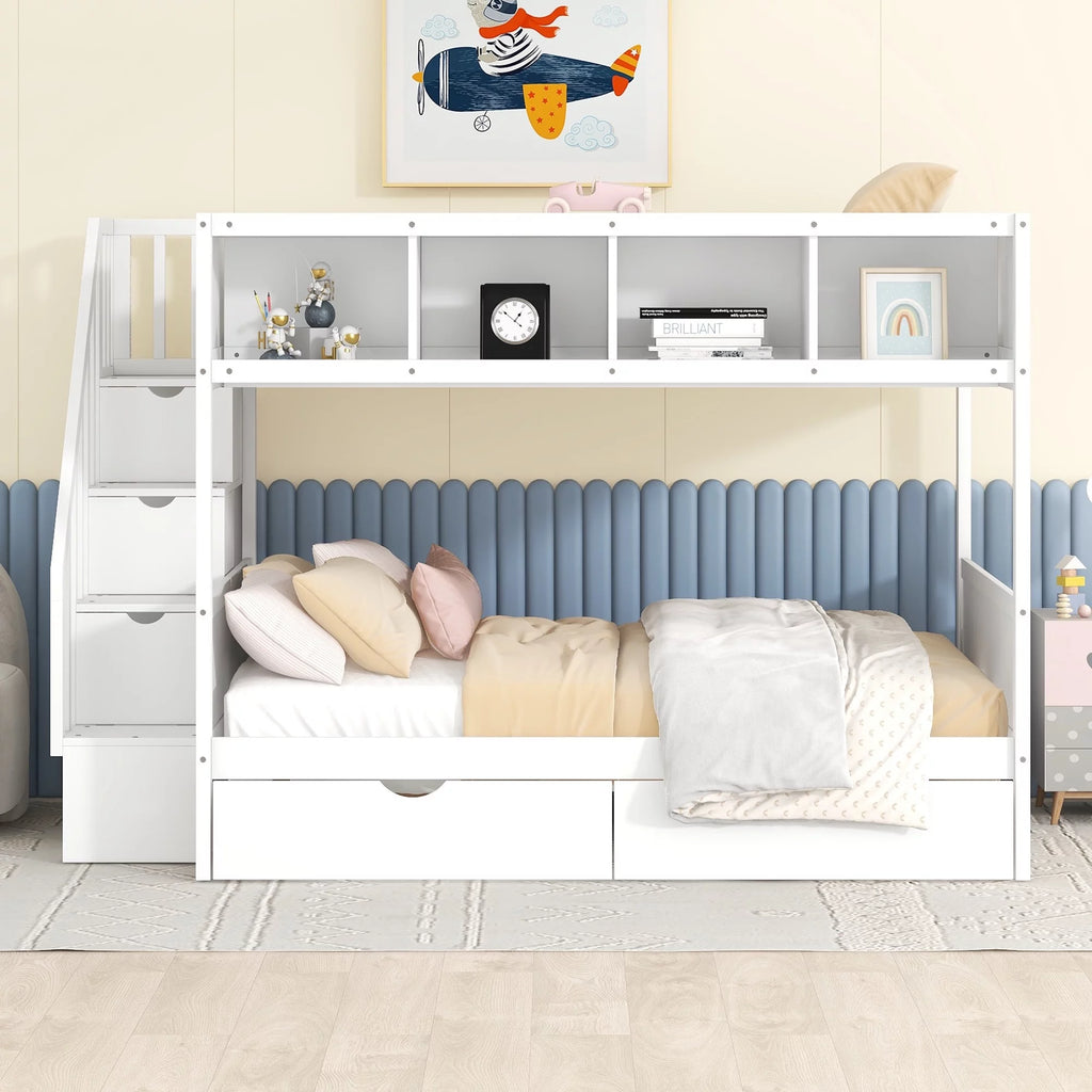 Solid Wood Twin Over Full Bunk Bed with Two Drawers and Staircase, White X6421