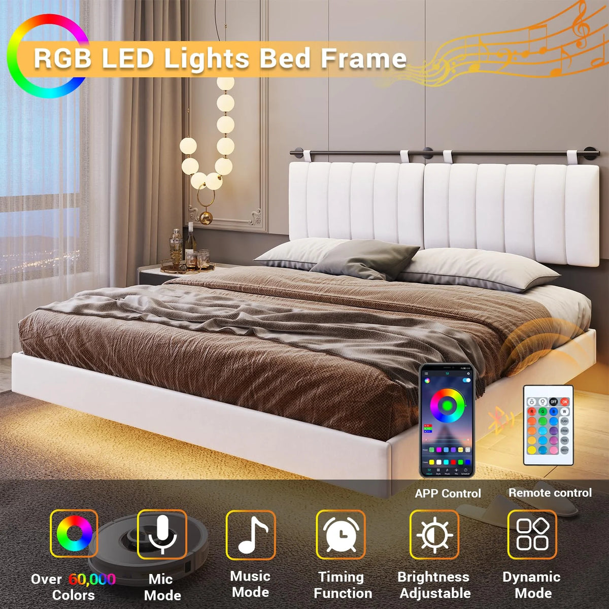 Queen Floating Bed Frame with LED Lights and Wall Mounted Headboard T893849