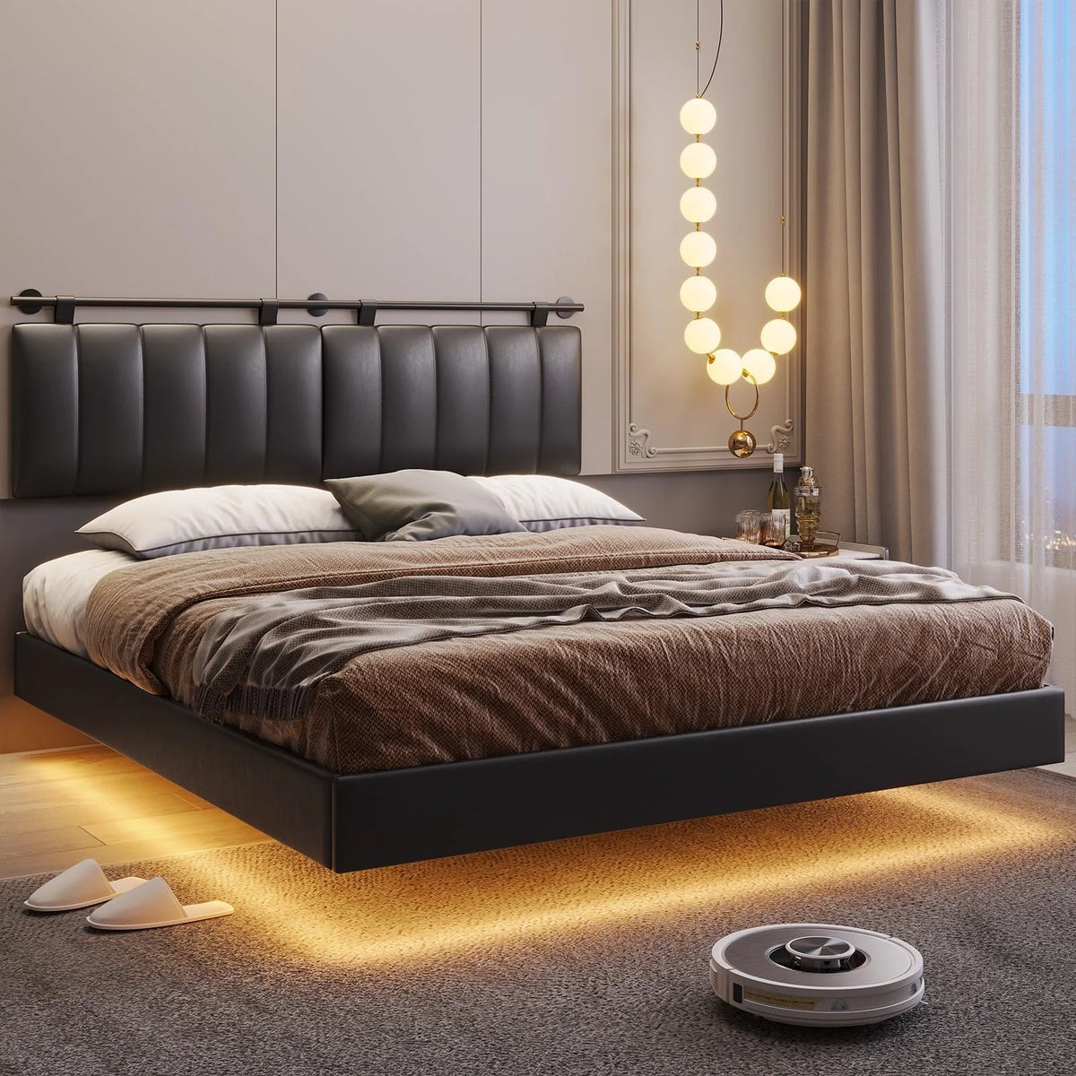 Queen Floating Bed Frame with LED Lights and Wall Mounted Headboard T893849