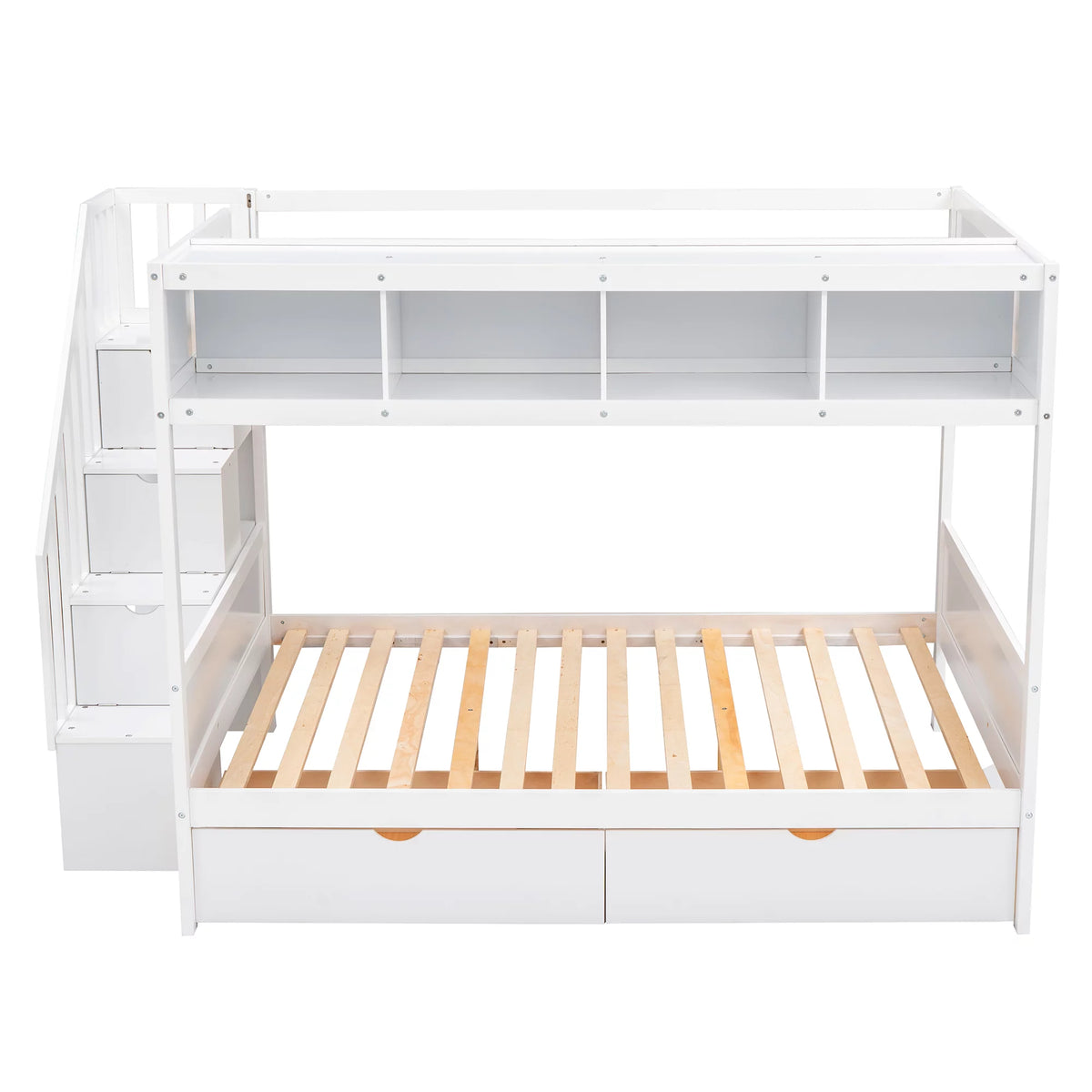 Solid Wood Twin Over Full Bunk Bed with Two Drawers and Staircase, White X6421