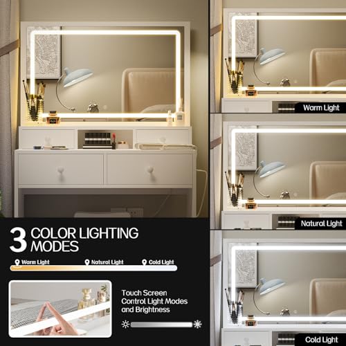 White Vanity Desk with Lighted Mirror and Charging Station T51965