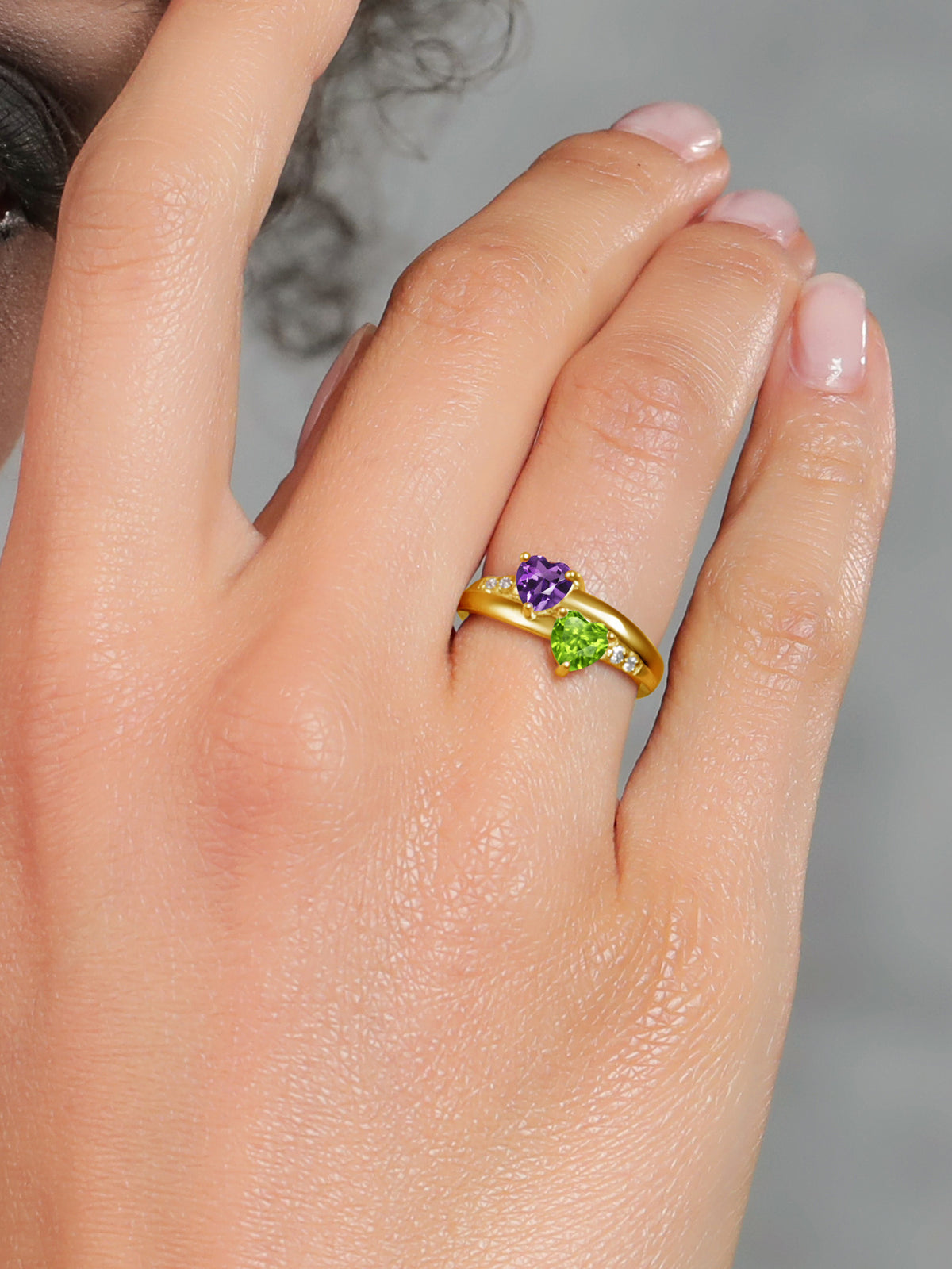 Purple Amethyst Green Peridot 18K Yellow Gold Plated Silver Ring Y3462