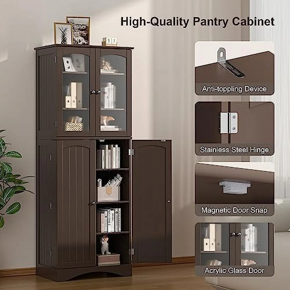 64" Kitchen Pantry Cabinet with Glass Doors and Adjustable Shelves W7576