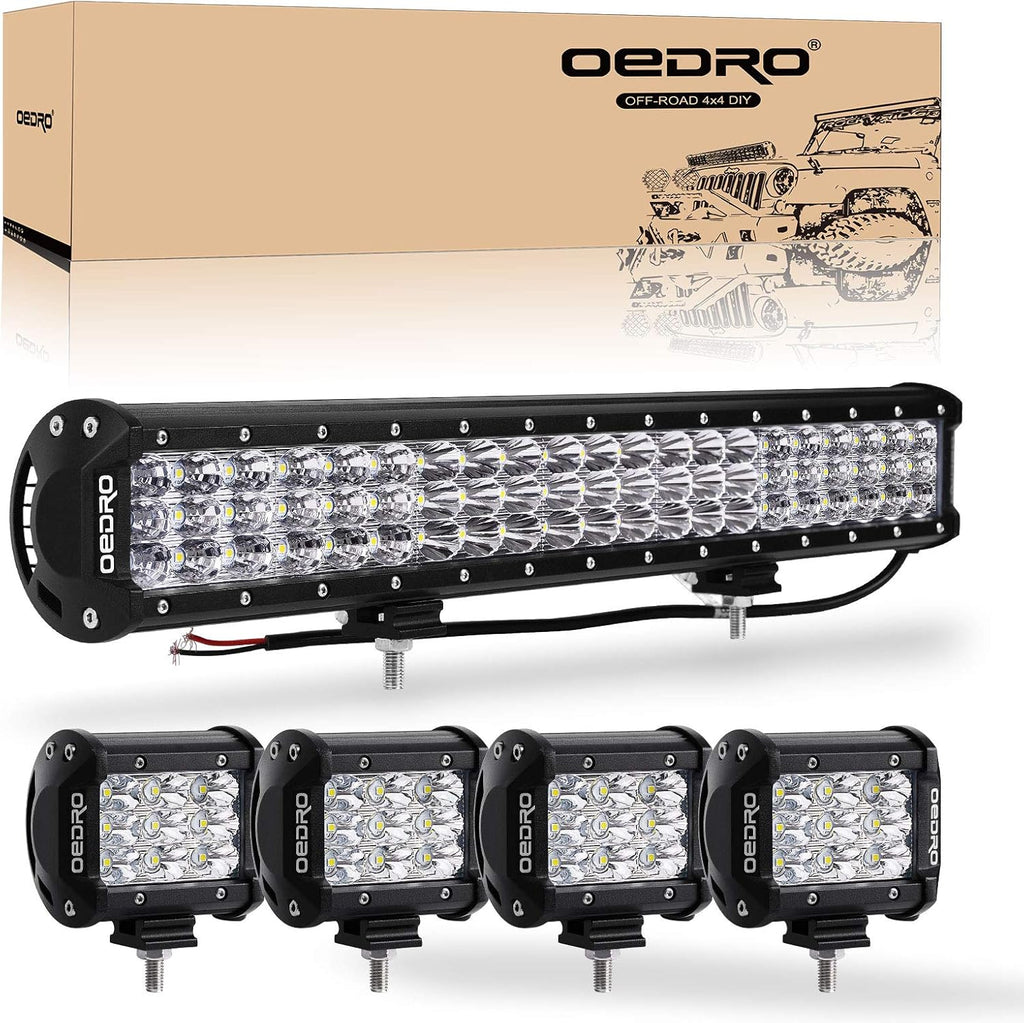 20 Inch 300W Tri-Row Spot Flood Combo Work Light with 4Pcs 4 Inch 27W LED Pods Driving Fog Lamp E123