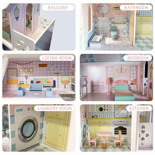 Large Wooden 3 Stories 6 Rooms Dollhouse with Elevator & Balcony Z2058