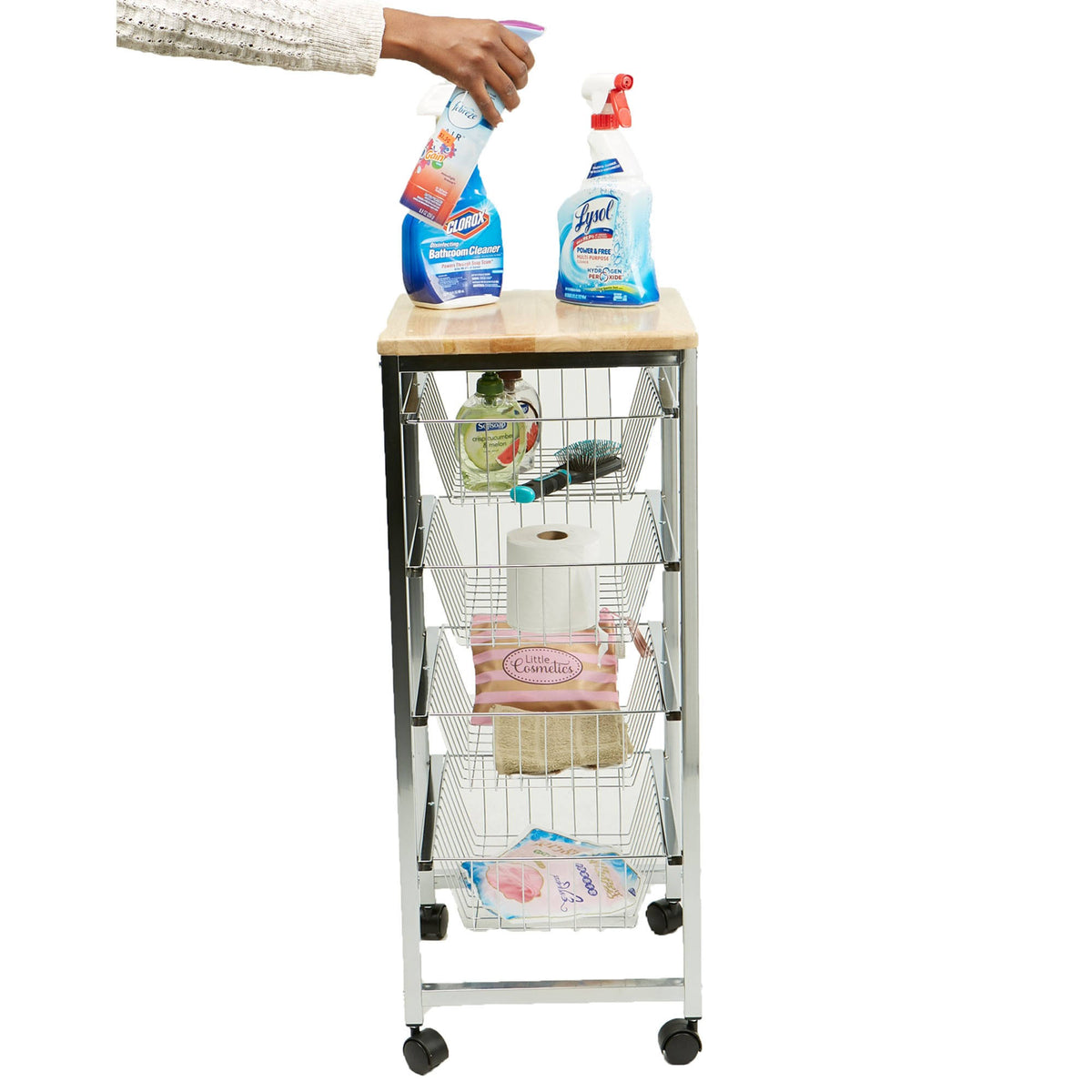 4 Tier Wire Basket Cart with Wood Surface Y218