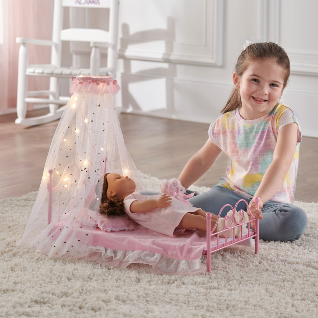 Pink Metal Doll Bed with Canopy and Bedding I198427