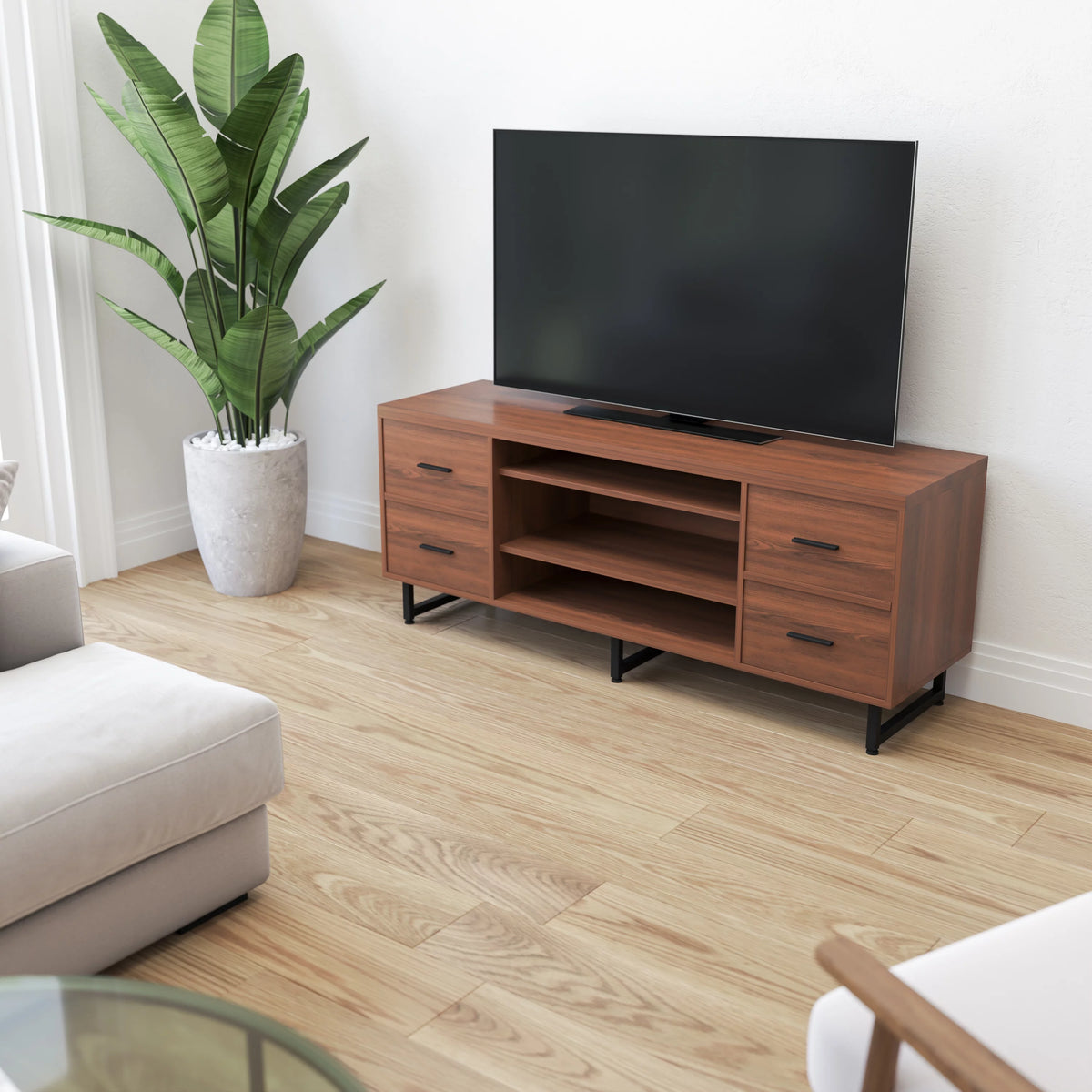 Rustic Wood Grain Three Shelf Four Drawer TV Stand with Metal Legs G202