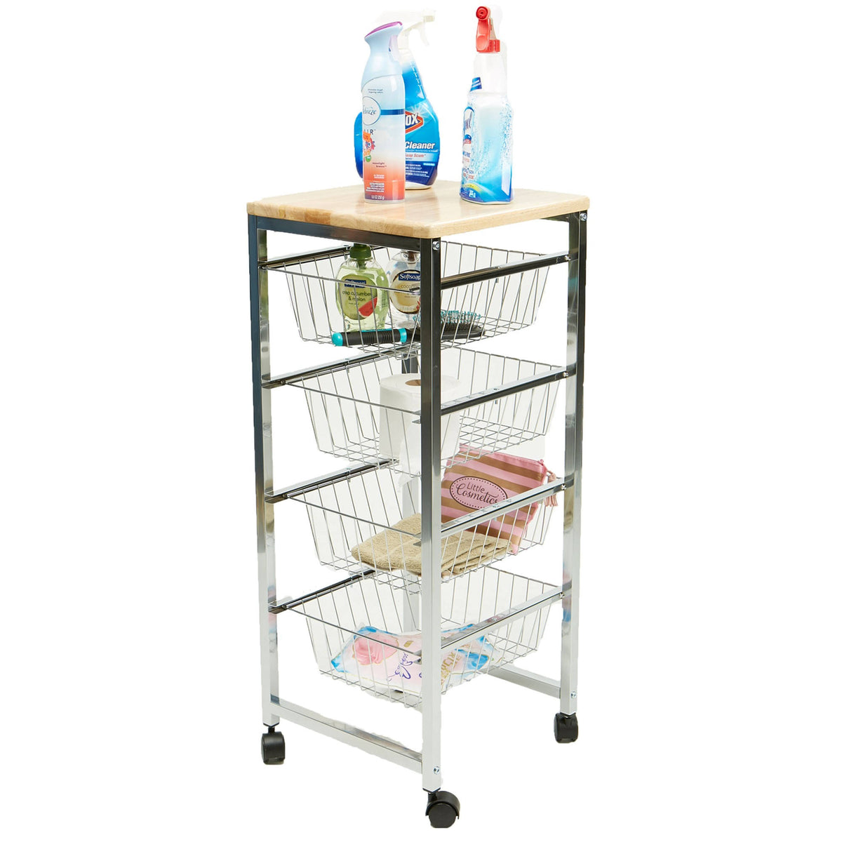 4 Tier Wire Basket Cart with Wood Surface Y218