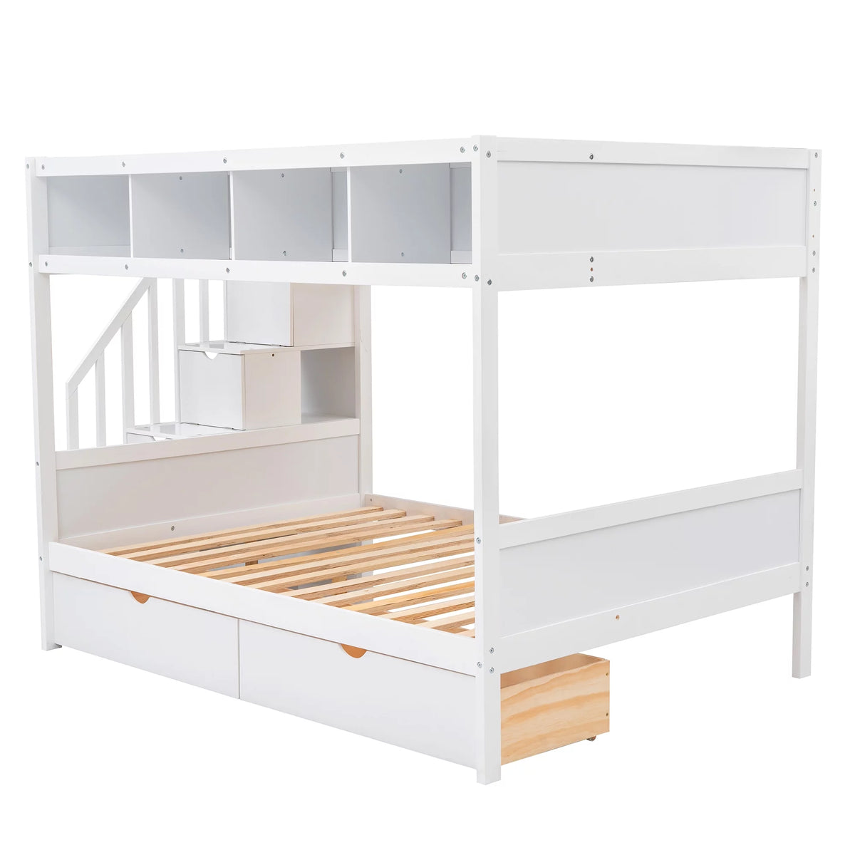 Solid Wood Twin Over Full Bunk Bed with Two Drawers and Staircase, White X6421