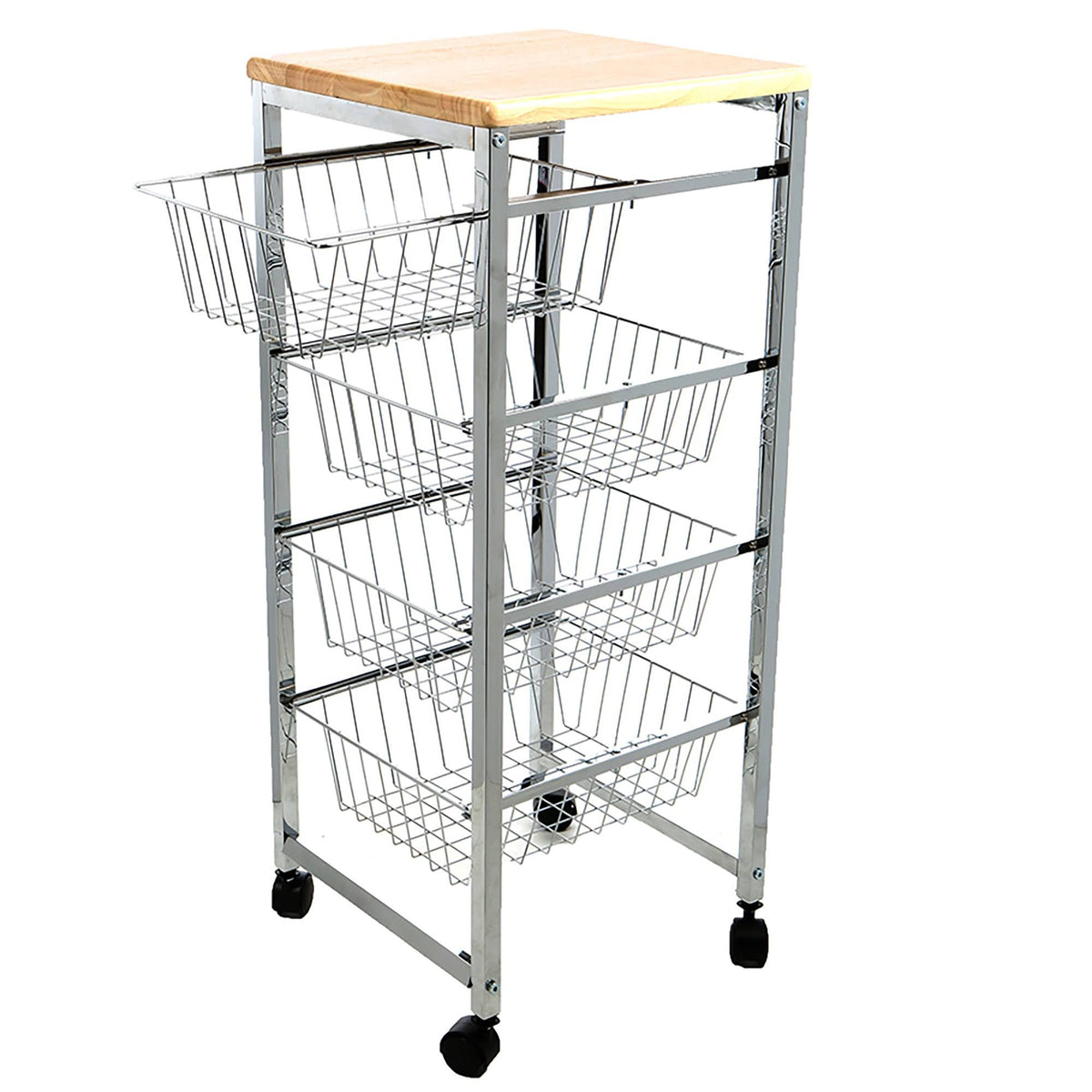4 Tier Wire Basket Cart with Wood Surface Y218