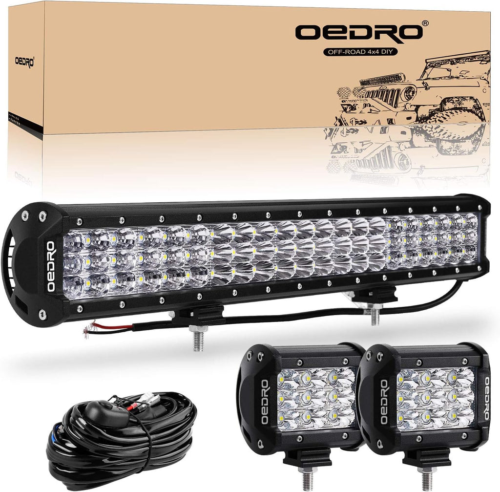20 Inch 300W Tri-Row Spot Flood Combo Work Light with 4Pcs 4 Inch 27W LED Pods Driving Fog Lamp E123