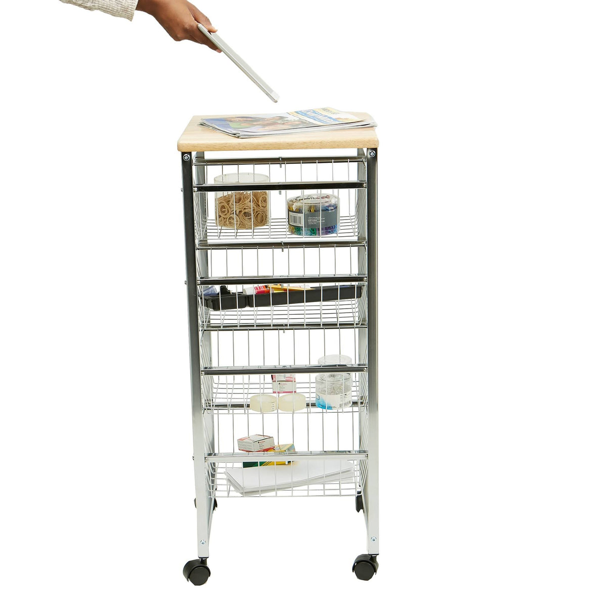 4 Tier Wire Basket Cart with Wood Surface Y218