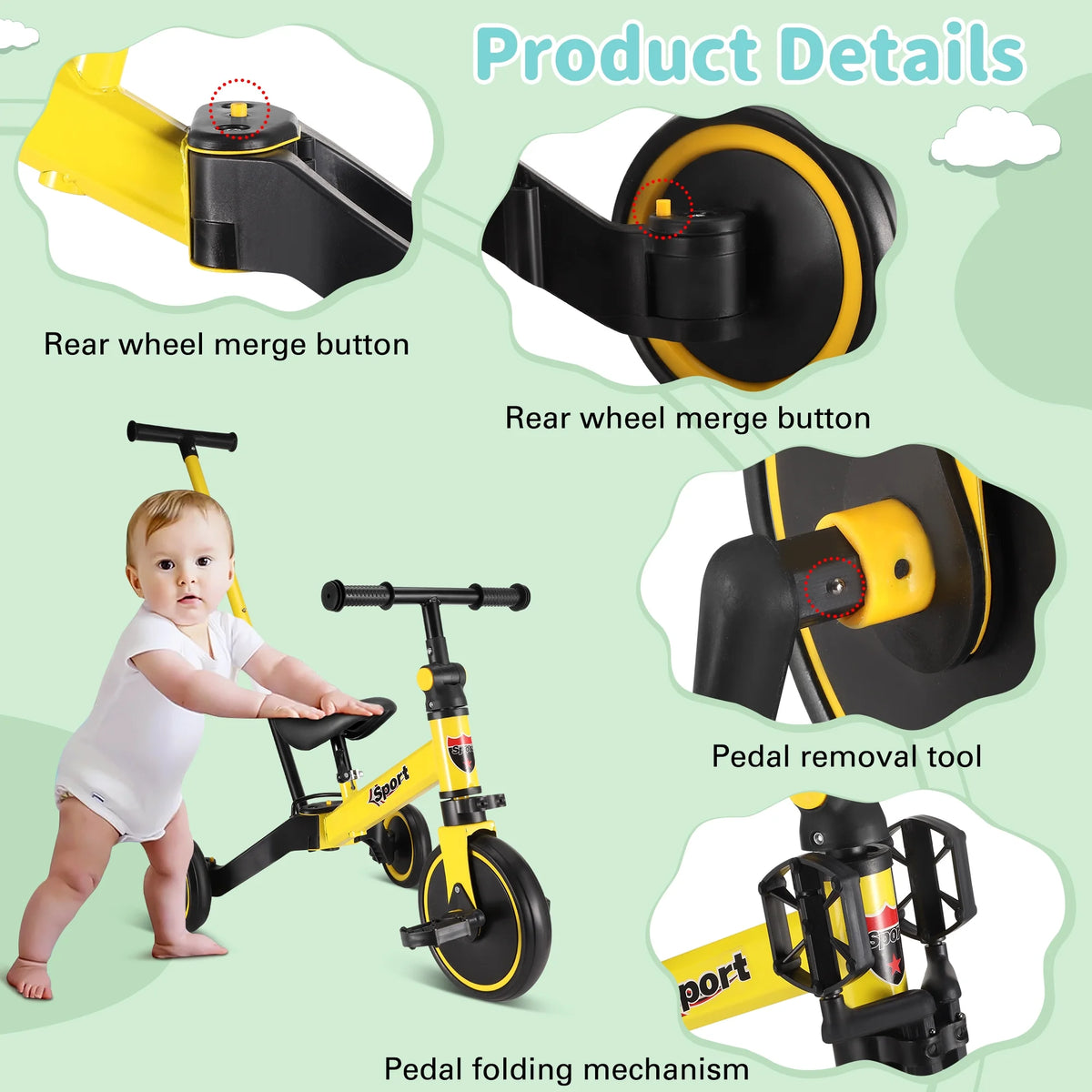 6 in 1 Kids Tricycle with Adjustable Seat and Removable Pedal Z8176