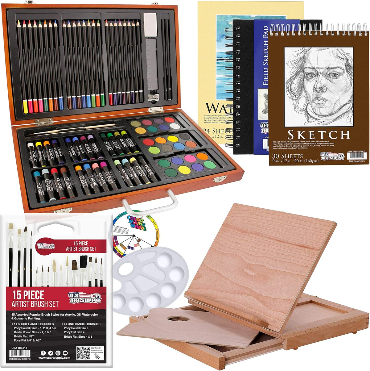 104-Piece Deluxe Art Creativity Set in Wooden Case with Wood Desk Easel D996