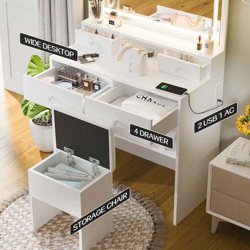 White Vanity Desk with Lighted Mirror and Charging Station T51965