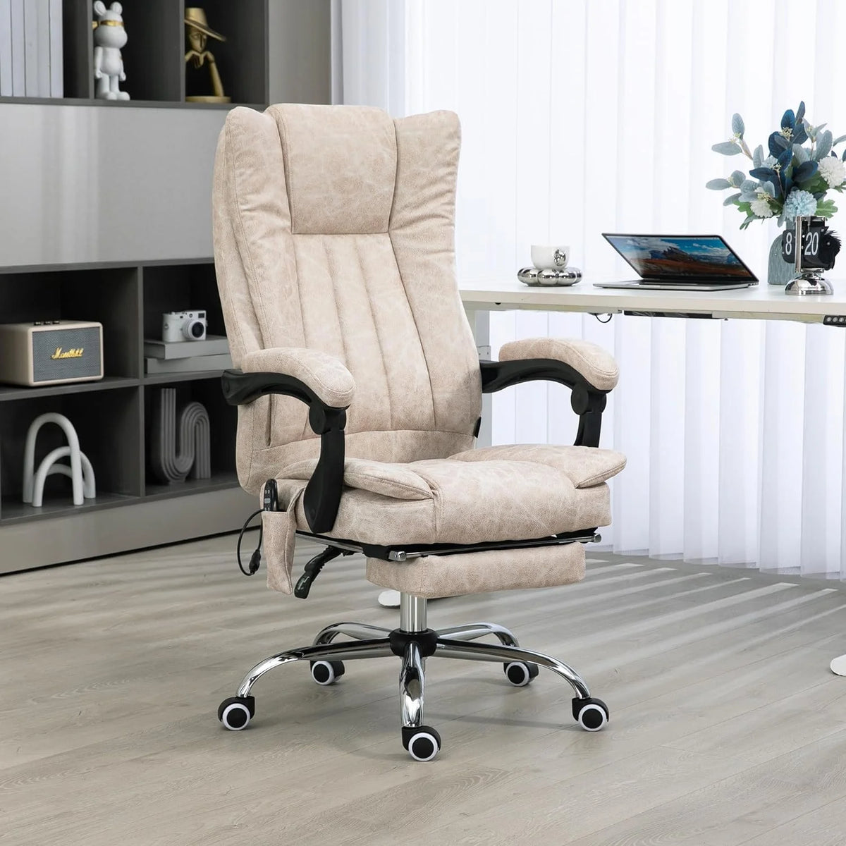 Cream White Microfiber High Back Office Chair with Massage and Footrest Q272