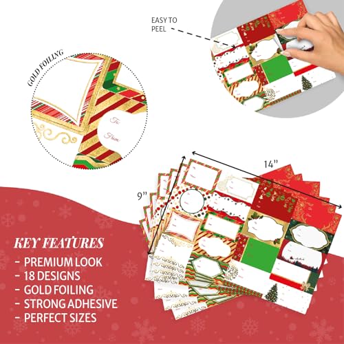 Christmas Gift Name Tag Stickers with Gold Foil, 18 Assorted Patterns C812435
