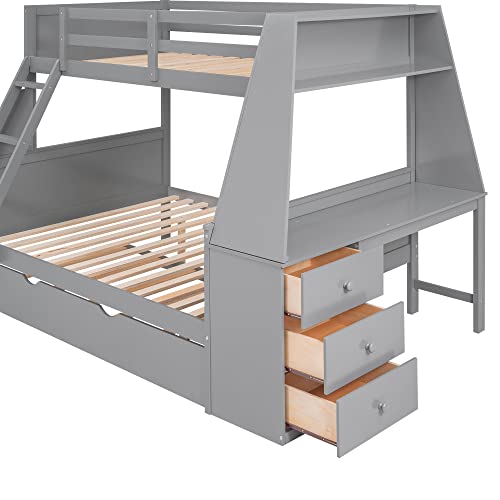 Twin Over Full Bunk Bed with Trundle and Built-in Desk, Solid Wood Bunk Bed Frame with Three Storage Drawers and Shelf, Gray C183347