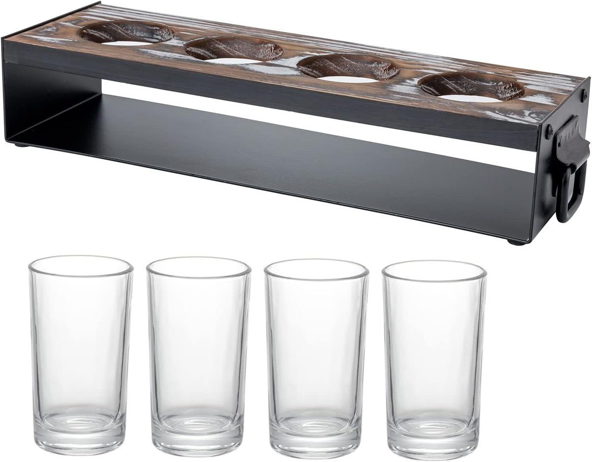 Beer Flight Board with Glasses Serving Caddy in Matte Black Metal and Torched Wood with 4 Beer Tasting Glass, Set of 2 F6570