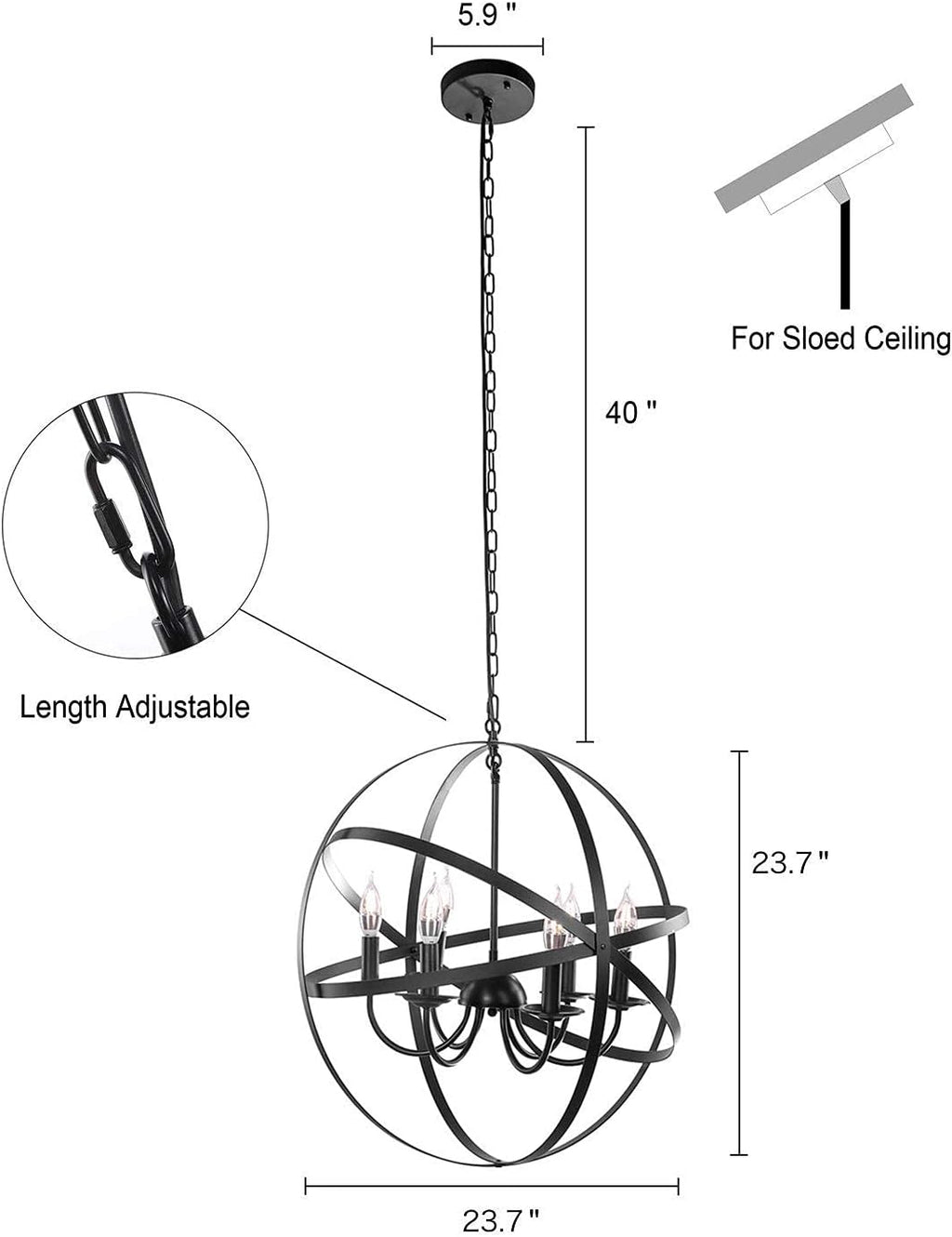 Black 6-Light Farmhouse Chandelier with Spherical Shade Q22738
