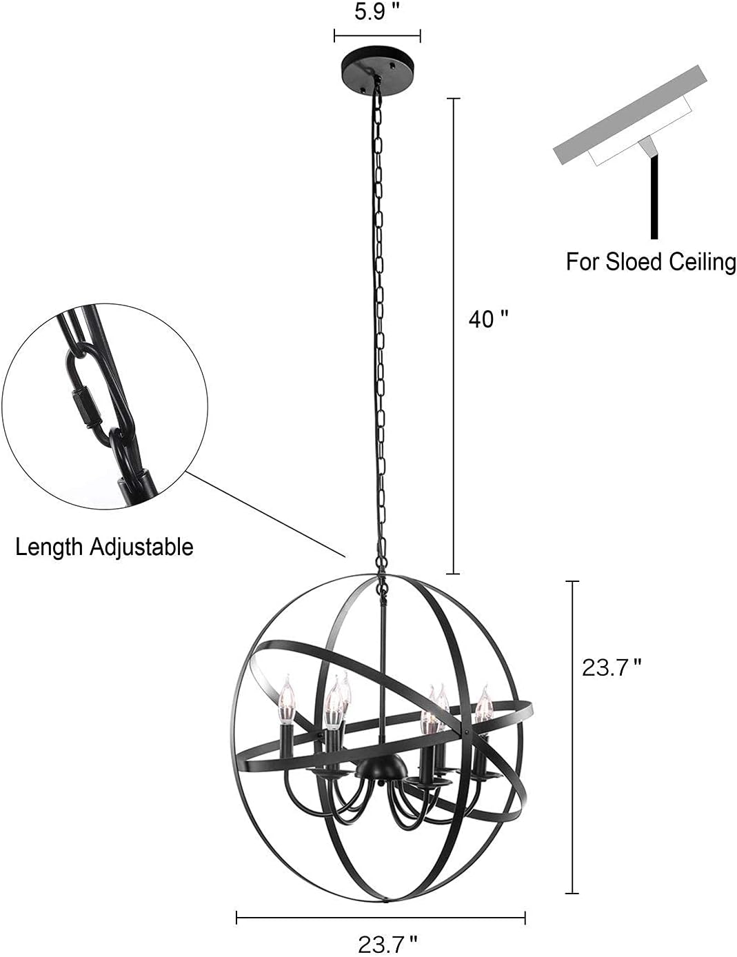 Black 6-Light Farmhouse Chandelier with Spherical Shade Q22738