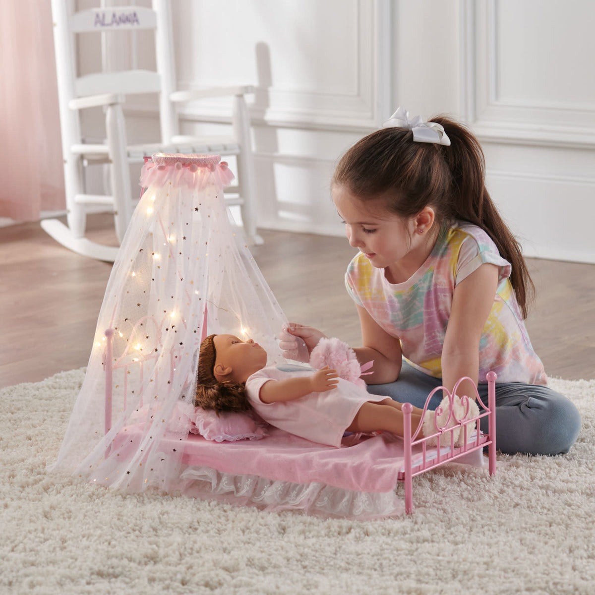 Pink Metal Doll Bed with Canopy and Bedding I198427