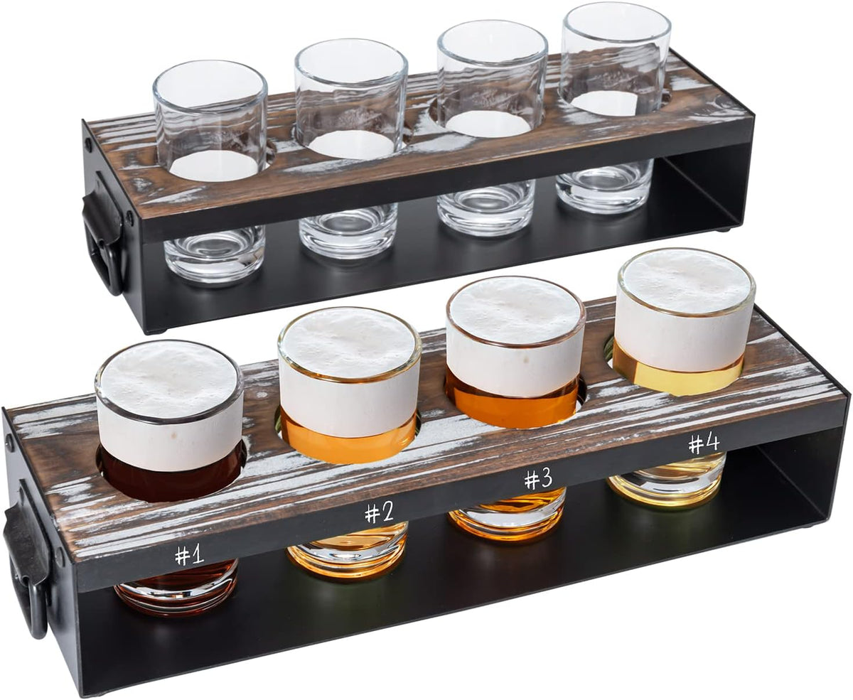 Beer Flight Board with Glasses Serving Caddy in Matte Black Metal and Torched Wood with 4 Beer Tasting Glass, Set of 2 F6570