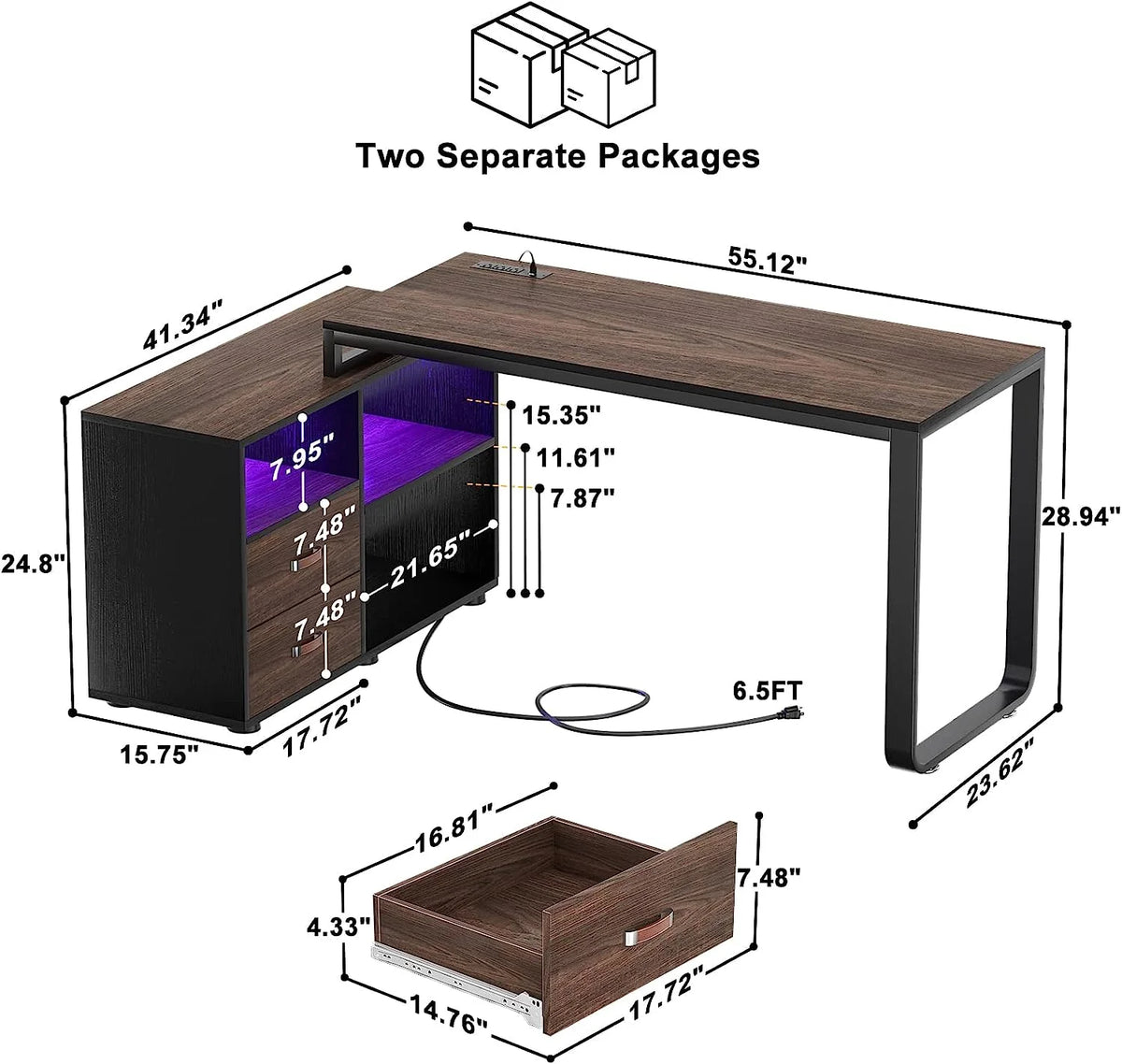 55 Inch L Shaped Computer Desk with File Cabinet and Drawers B404136