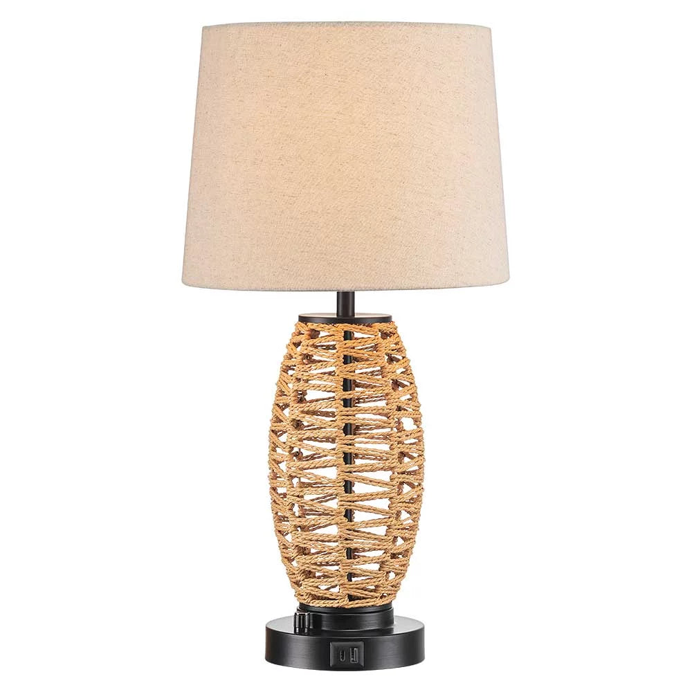 0-100% Dimmable Coastal Rattan Table Lamp with 2 USB Ports D7345