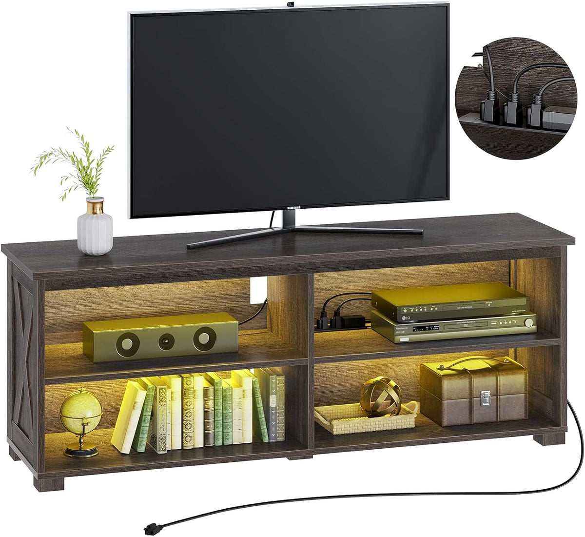 Walnut TV Stand with Power Outlet and LED Lights A7712