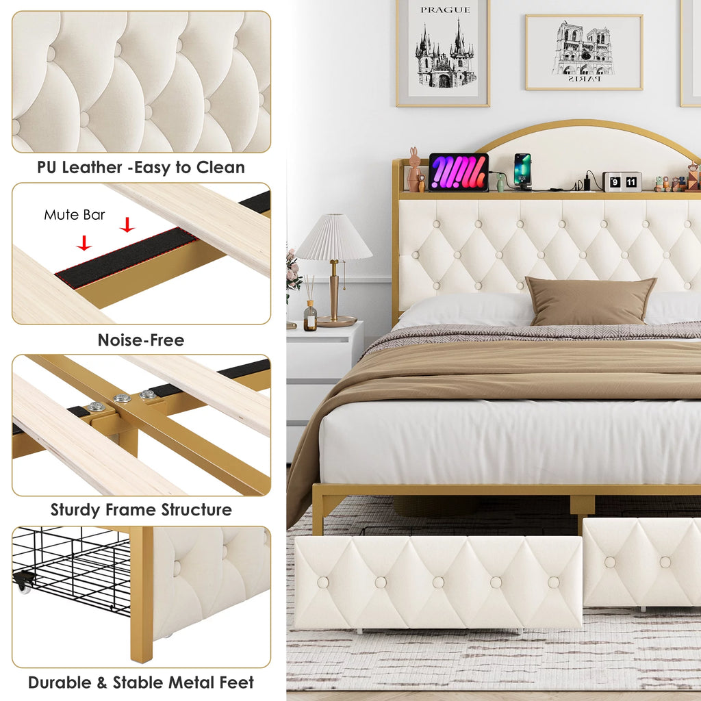 White Queen Size Storage Bed with 2 Drawers U8212